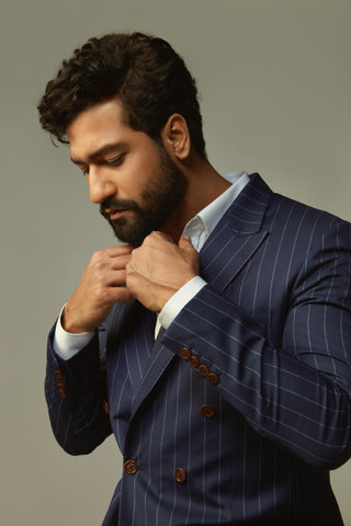 Navy blue chalk stripe double breasted suit