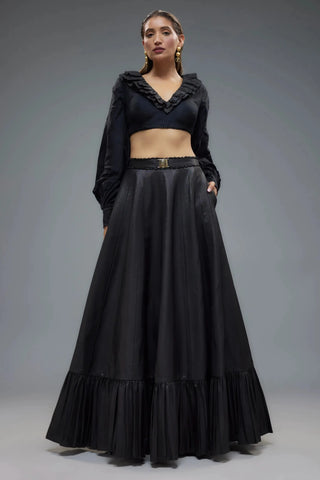 Black raw silk frilled lehenga