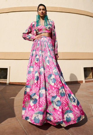 Pink-green printed jacket and lehenga set