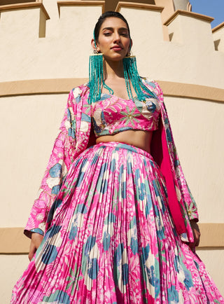 Pink-green printed jacket and lehenga set