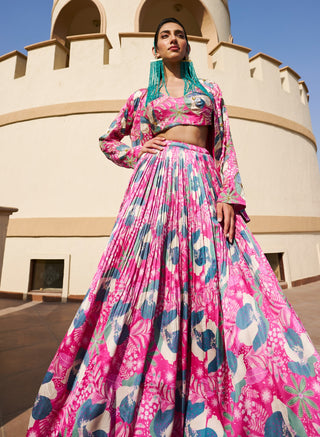 Pink-green printed jacket and lehenga set