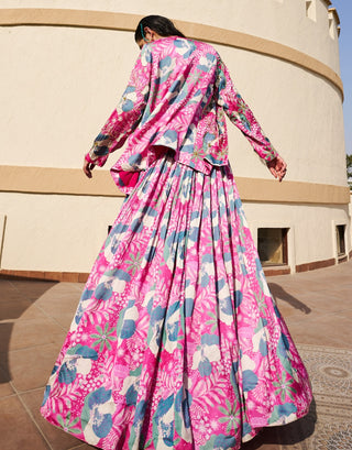 Pink-green printed jacket and lehenga set