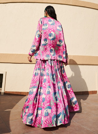 Pink-green printed jacket and lehenga set