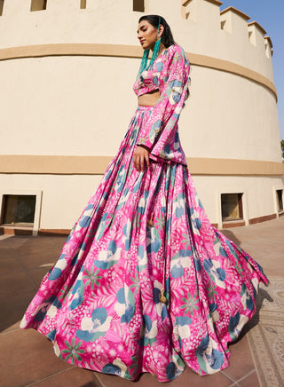 Pink-green printed jacket and lehenga set