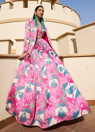 Pink-green printed jacket and lehenga set