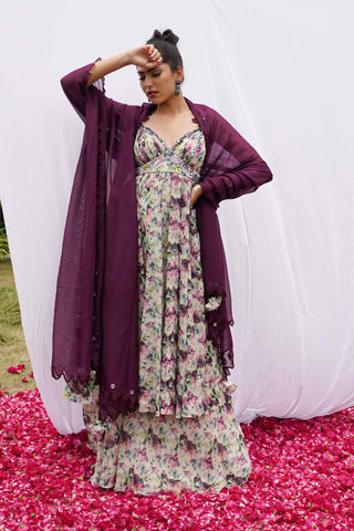 Violet floral kali kurta and palazzo set