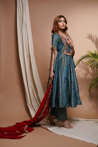 Blue red tissue silk anarkali suit set