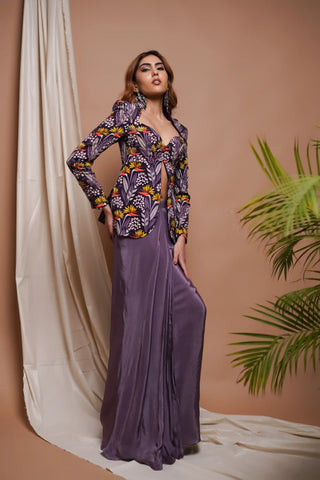 Violet digital printed coat and drape skirt