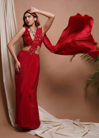 Red pre-stitched draped saree and bustier