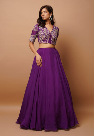 Dark purple organza indo lehenga and blouse