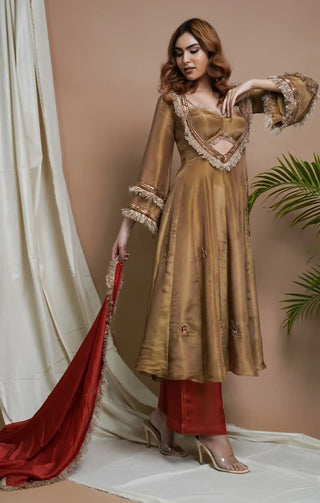 Golden tissue silk anarkali suit set