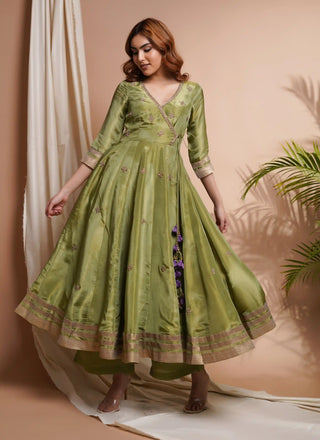 Green purple tissue silk angrakha anarkali set