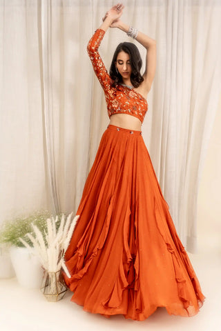 Rust orange panelled lehenga set