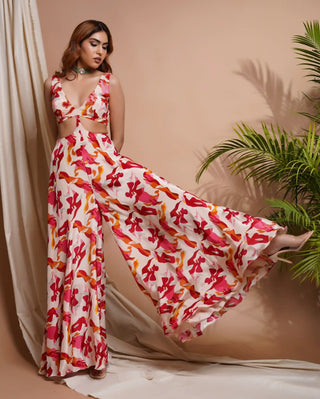 Cream abstract printed v-neck jumpsuit