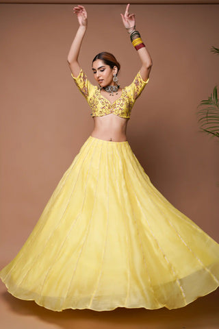 Yellow chanderi lehenga set