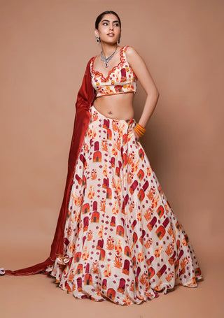 Cream digital print lehenga set