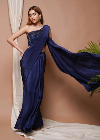 Navy pre-stitched draped saree and blouse