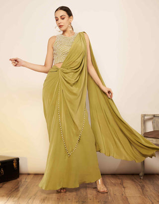 Sage green saree and embellished blouse