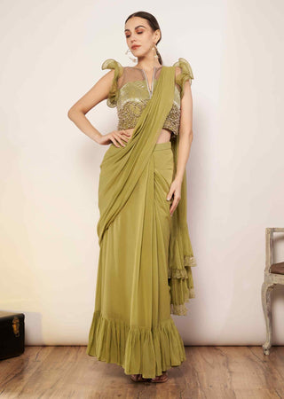 Sage green saree and ruffle blouse