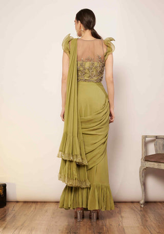 Sage green saree and ruffle blouse