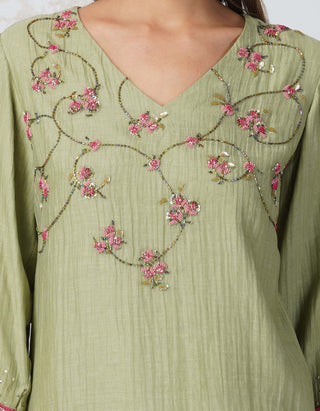 Beaded flower green straight kurta set