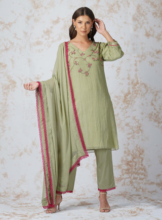 Beaded flower green straight kurta set