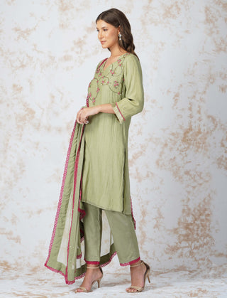 Beaded flower green straight kurta set