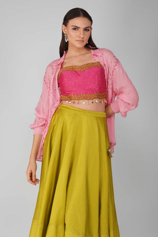 Magenta-green cropped top and skirt