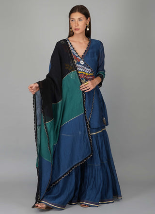 Egyptian blue applique wrap kurta and gharara set