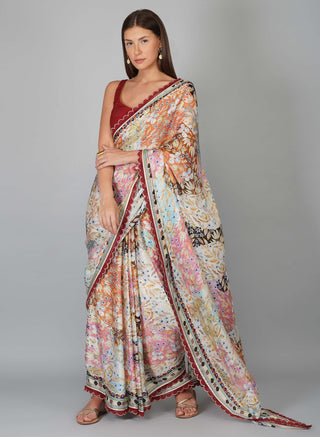 Kora garnet melange print kora saree and blouse