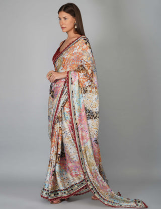 Kora garnet melange print kora saree and blouse