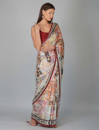 Kora garnet melange print kora saree and blouse