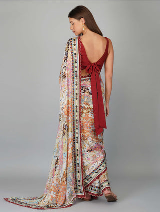 Kora garnet melange print kora saree and blouse