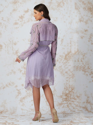 Lavender antique work belted dress