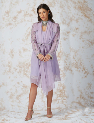 Lavender antique work belted dress