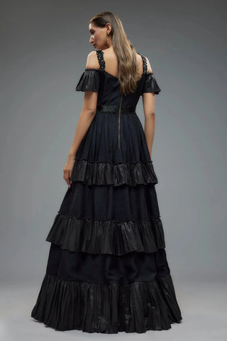 Black polylurex and flared corset gown