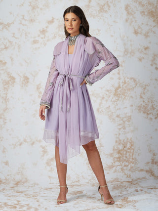 Lavender antique work belted dress