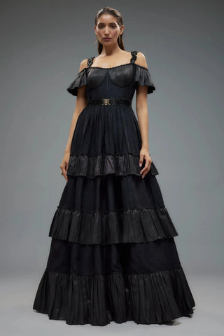 Black polylurex and flared corset gown