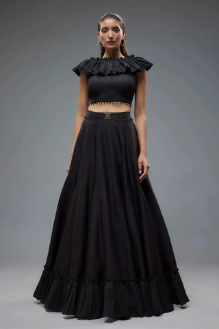 Black ruffle blouse with raw silk lehenga