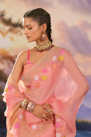 Peach organza saree with floral embroidery