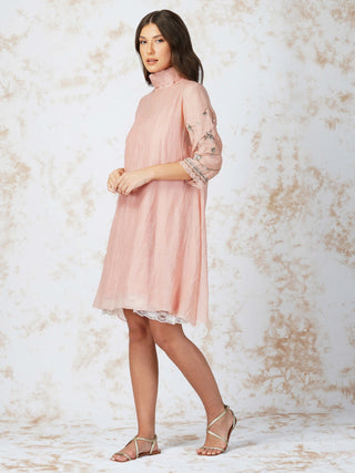 Natural pink antique work high-neck dress