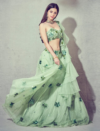 Green floral embroidered lehenga set