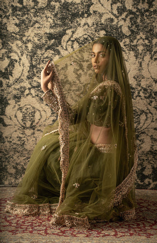 Olive green net saree set