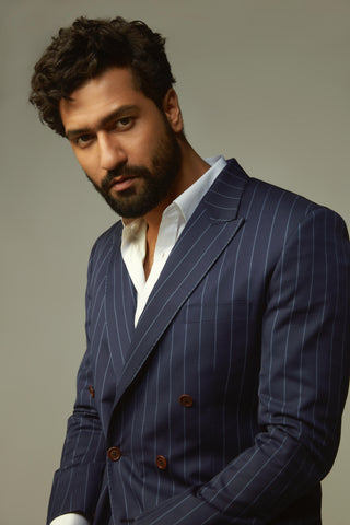 Navy blue chalk stripe double breasted suit