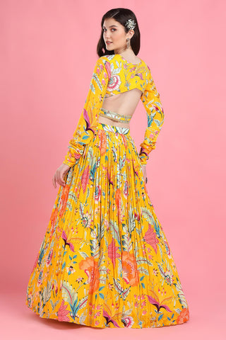 Yellow floral overlap blouse and lehenga set