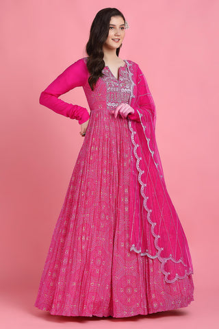 Pink yoke bandhani anarkali and dupatta