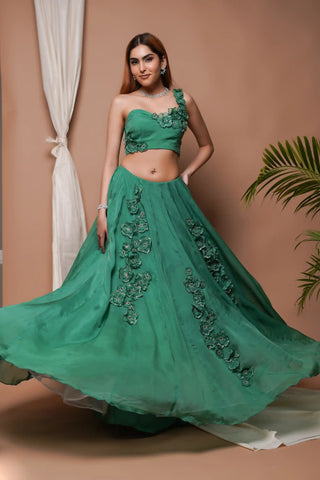 Bright green organza indo lehenga and blouse