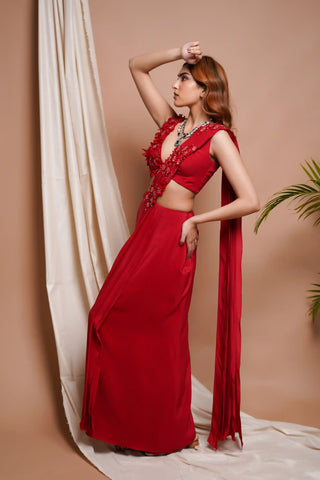 Red pre-stitched draped saree and bustier