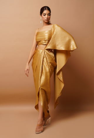 Golden shimmer draped saree set