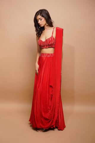 Red natural crepe lehenga set